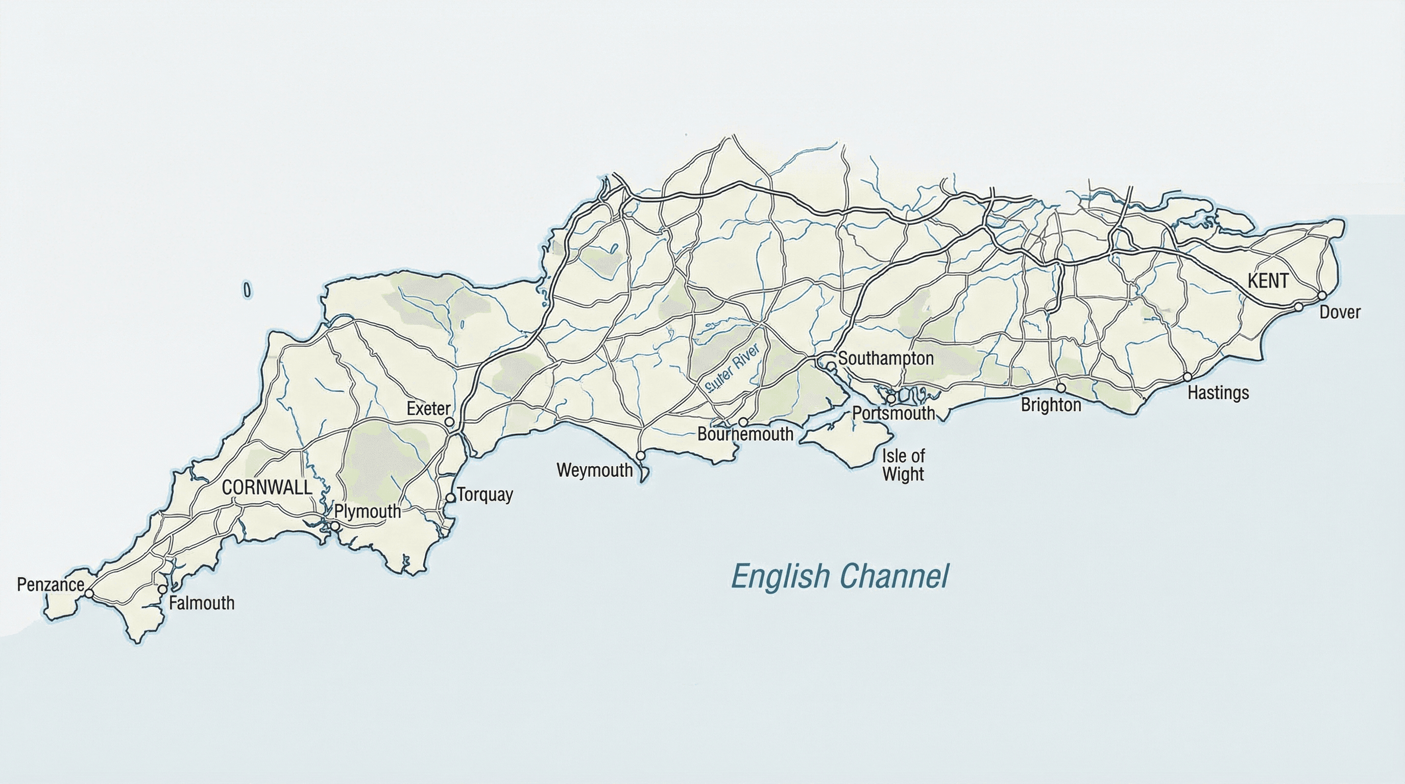 Map of the South Coast showing our service area across Hampshire, Dorset, and West Sussex